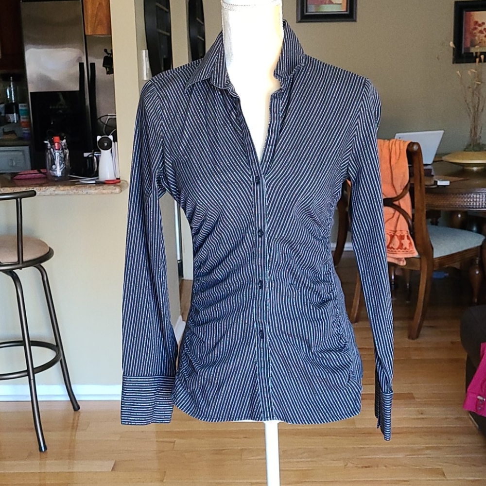 Express Design Studio Black Silver Pinstripe Ruching Button Down Blouse Small